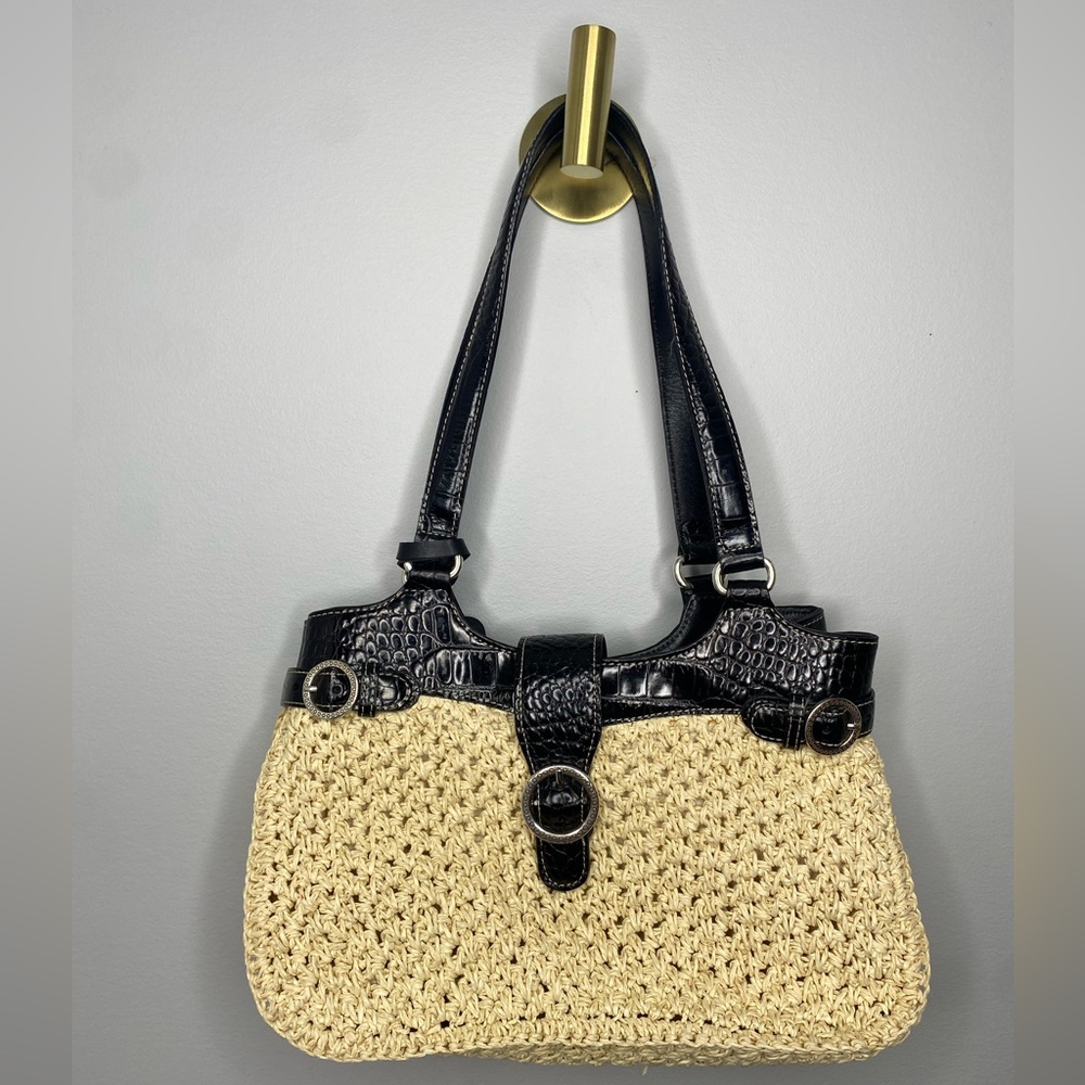Brighton Natural Raffia Woven Crochet Shoulder Handbag Brown Black Leather Trim